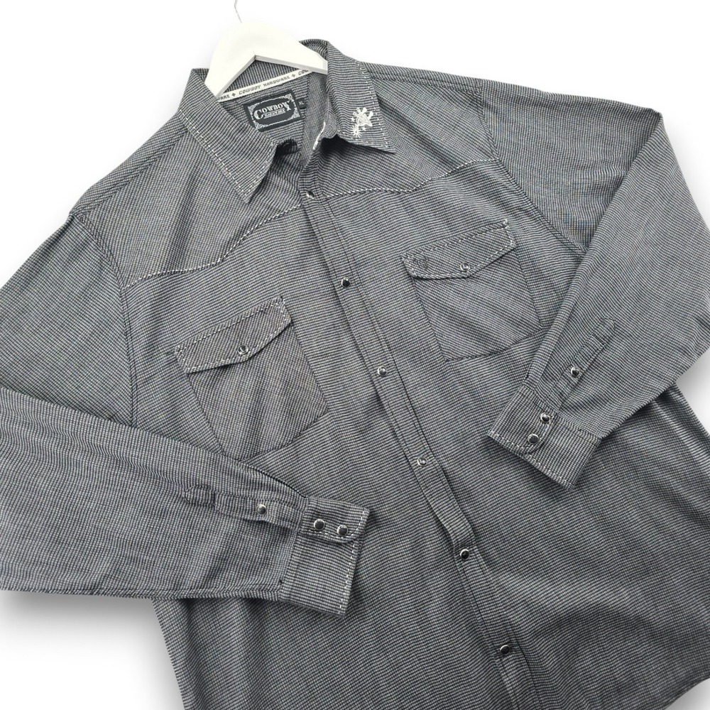 Cowboy Hardware Western Snap Shirt Men XL Grey Cotton Long Sleeve Spur Embroider